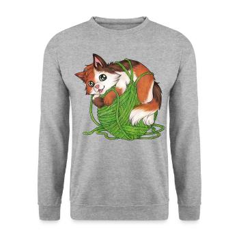 Mietze Mietzekatze, Katze Wolle Geschenk Stricken - Unisex Pullover - Weißgrau meliert - Vorne - Alina (178cm) & Michal (187cm)