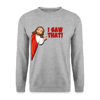 Ich habe das gesehen! Jesus lustig - Unisex Pullover - Weißgrau meliert - Vorne - Alina (178cm) & Michal (187cm)