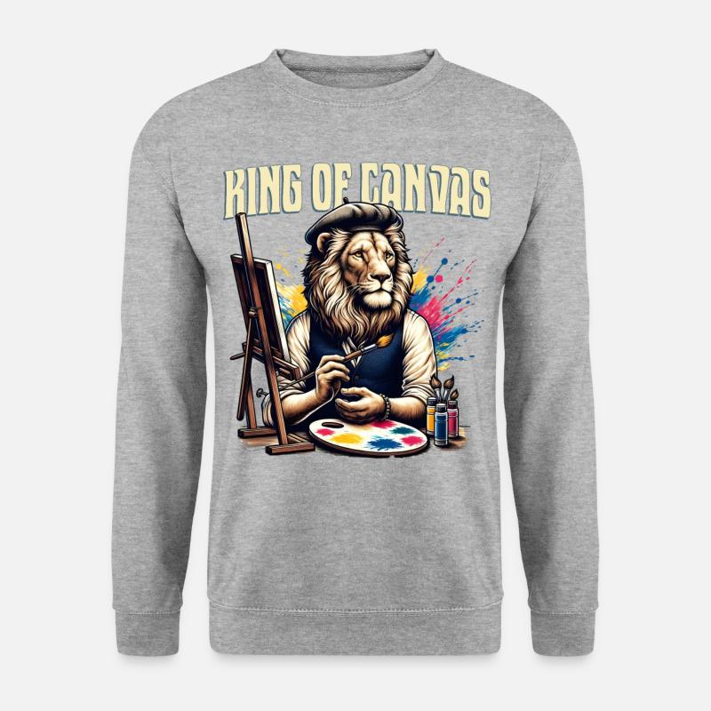 Kunstkönig: Der Löwe malt - Unisex Pullover - Weißgrau meliert