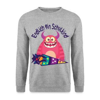 Schulkind Einschulung Monster Geschenk zur Schule - Unisex Pullover - Weißgrau meliert - Vorne - Alina (178cm) & Michal (187cm)