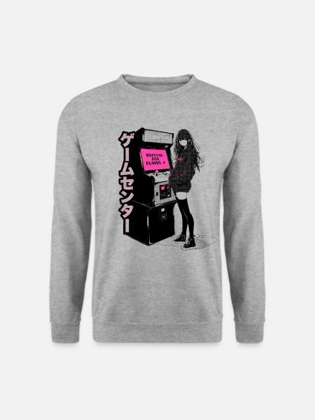 Arcade Gaming Anime Girl Waiting for Player 2 - Unisex Pullover - Weißgrau meliert