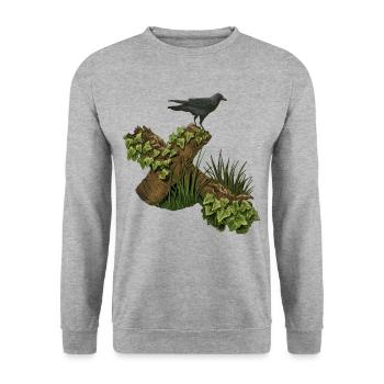 Krähe auf Holzkreuz, efeu - Unisex Pullover - Weißgrau meliert - Vorne - Alina (178cm) & Michal (187cm)