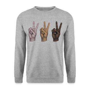 FRIEDEN HÄNDE ALLE GLEICH – Frieden & Liebe - Unisex Pullover - Weißgrau meliert - Vorne - Alina (178cm) & Michal (187cm)