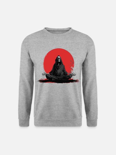 Sensenmann Meditation vor roter Sonne - Unisex Pullover - Weißgrau meliert