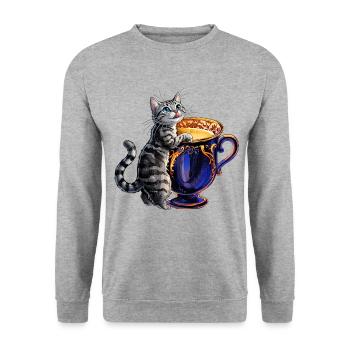 Süße Katze mit Kaffeetasse Digital Art - Unisex Pullover - Weißgrau meliert - Vorne - Alina (178cm) & Michal (187cm)
