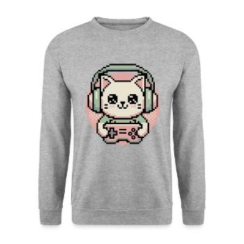 Pixel Gamer Katze - Unisex Pullover - Weißgrau meliert - Vorne - Alina (178cm) & Michal (187cm)