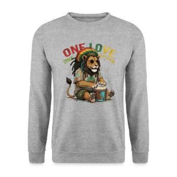 Reggae Löwe One Love Rhythm Trommel - Unisex Pullover - Weißgrau meliert - Vorne - Alina (178cm) & Michal (187cm)
