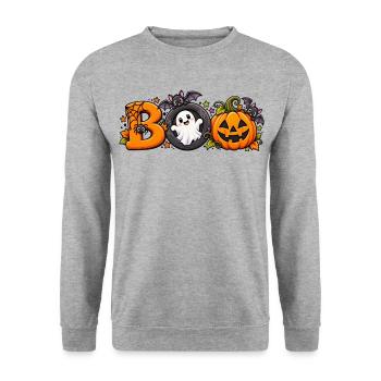 Boo Halloween Kürbis Spuk - Unisex Pullover - Weißgrau meliert - Vorne - Alina (178cm) & Michal (187cm)