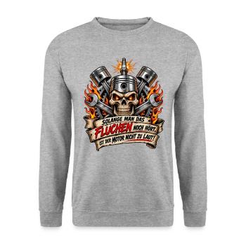 Flammender Skull mit Motorwerkzeug - Unisex Pullover - Weißgrau meliert - Vorne - Alina (178cm) & Michal (187cm)
