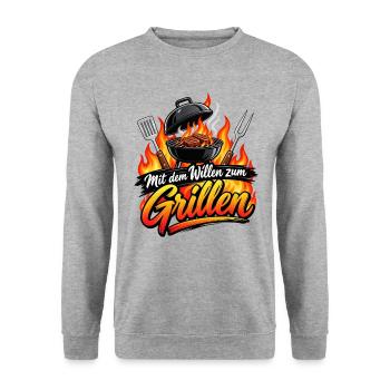 Mit dem Willen zum Grillen - Unisex Pullover - Weißgrau meliert - Vorne - Alina (178cm) & Michal (187cm)