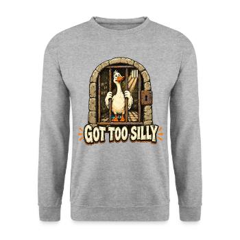 Got Too Silly Funny Goose Jail Meme - Unisex Pullover - Weißgrau meliert - Vorne - Alina (178cm) & Michal (187cm)