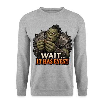 Wait... It Has Eyes?! – Tabletop Ork Miniatur - Unisex Pullover - Weißgrau meliert - Vorne - Alina (178cm) & Michal (187cm)