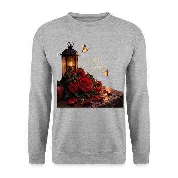 Ich will glauben: Rosenlaterne - Unisex Pullover - Weißgrau meliert - Vorne - Alina (178cm) & Michal (187cm)