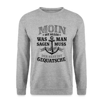 Moin ist alles Spruch – Vintage Typo mit Anker - Unisex Pullover - Weißgrau meliert - Vorne - Alina (178cm) & Michal (187cm)