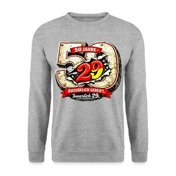 50 Jahre – äußerlich gereift, innerlich 29. - Unisex Pullover - Weißgrau meliert - Vorne - Alina (178cm) & Michal (187cm)