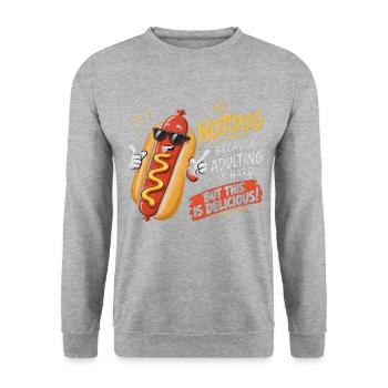Freche Sonnenbrillen-Hotdog: Erwachsenen-Pause - Unisex Pullover - Weißgrau meliert - Vorne - Alina (178cm) & Michal (187cm)