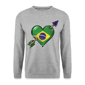 Brasilien Flagge Herz mit Pfeil used look - Unisex Pullover - Weißgrau meliert - Vorne - Alina (178cm) & Michal (187cm)