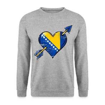 Bosnien Flagge Herz mit Pfeil used look - Unisex Pullover - Weißgrau meliert - Vorne - Alina (178cm) & Michal (187cm)