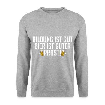 Bildung ist Gut Bier ist Guter Prost Party Funny - Unisex Pullover - Weißgrau meliert - Vorne - Alina (178cm) & Michal (187cm)