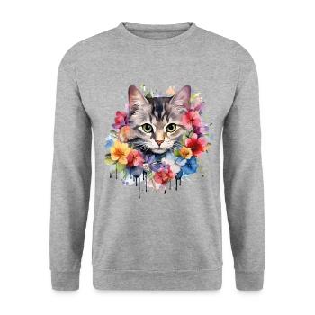 Katze Blumen Aquarell Zeichnung Kunst Bunt Floral - Unisex Pullover - Weißgrau meliert - Vorne - Alina (178cm) & Michal (187cm)