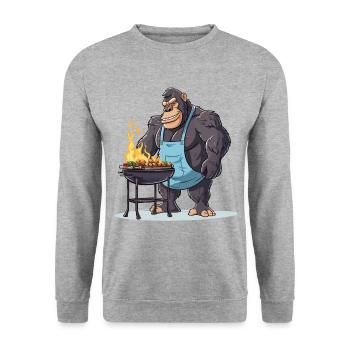 Grillen Grilla Griller Gorilla BBQ Lustig Humor - Unisex Pullover - Weißgrau meliert - Vorne - Alina (178cm) & Michal (187cm)