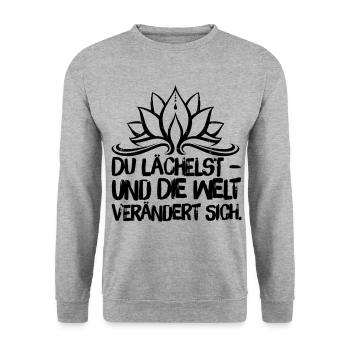 Yoga Meditation Spiritualität Lächeln Schwarz - Unisex Pullover - Weißgrau meliert - Vorne - Alina (178cm) & Michal (187cm)