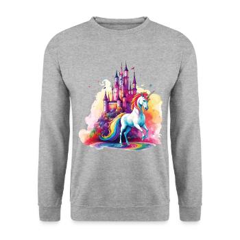 Einhorn Regenbogen Schloss Bunt Magie Fantasie - Unisex Pullover - Weißgrau meliert - Vorne - Alina (178cm) & Michal (187cm)
