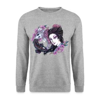 Sexy Geisha im Manga Style mit Japan Koi Fischen - Unisex Pullover - Weißgrau meliert - Vorne - Alina (178cm) & Michal (187cm)