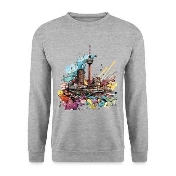 Berlin Deutschland Stadt Skyline Splash Cartoon - Unisex Pullover - Weißgrau meliert - Vorne - Alina (178cm) & Michal (187cm)