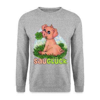 Sau Glück niedlich Ferkel mit Glücksklee Geschenk - Unisex Pullover - Weißgrau meliert - Vorne - Alina (178cm) & Michal (187cm)