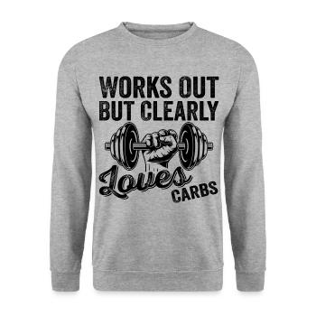 Funktioniert, liebt aber eindeutig Kohlenhydrate. Lustiges Fitness-Outfit - Unisex Pullover - Weißgrau meliert - Vorne - Alina (178cm) & Michal (187cm)