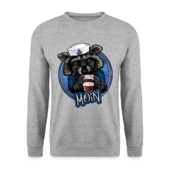 Kaffeeliebender Waschbär | Yolo-Artwork - Unisex Pullover - Weißgrau meliert - Vorne - Alina (178cm) & Michal (187cm)