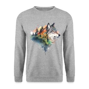 Wolf Wolfskopf Natur Wildnis Wald Bäume Kunst - Unisex Pullover - Weißgrau meliert - Vorne - Alina (178cm) & Michal (187cm)