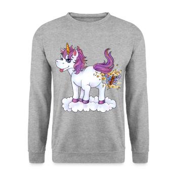 Lustig Pupsendes Einhorn frech mit Schmetterling - Unisex Pullover - Weißgrau meliert - Vorne - Alina (178cm) & Michal (187cm)