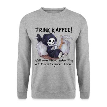 Trink Kaffee - Lustiger Chibi Grim Reaper - Unisex Pullover - Weißgrau meliert - Vorne - Alina (178cm) & Michal (187cm)