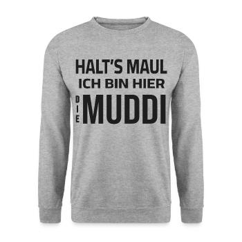 Halt's Maul - Ich bin hier die Muddi - Unisex Pullover - Weißgrau meliert - Vorne - Alina (178cm) & Michal (187cm)