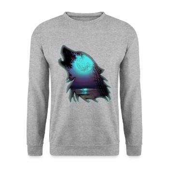 Wolf mit Mond | Yolo-Artwork - Unisex Pullover - Weißgrau meliert - Vorne - Alina (178cm) & Michal (187cm)