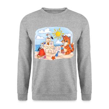 Niedliche Katze am Strand mit Sandburg Sommer - Unisex Pullover - Weißgrau meliert - Vorne - Alina (178cm) & Michal (187cm)