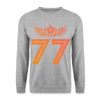77 Zahl Krone - Unisex Pullover - Weißgrau meliert - Vorne - Alina (178cm) & Michal (187cm)