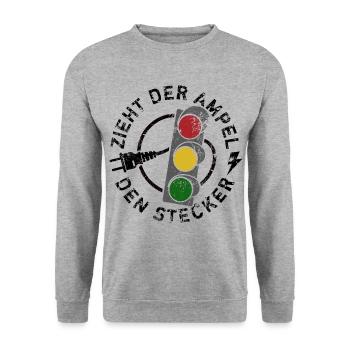 Zieht der Ampel den Stecker - Spruch - Unisex Pullover - Weißgrau meliert - Vorne - Alina (178cm) & Michal (187cm)