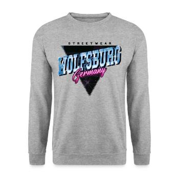 Wolfsburg Deutschland Stadt Vintage Retro Neon - Unisex Pullover - Weißgrau meliert - Vorne - Alina (178cm) & Michal (187cm)