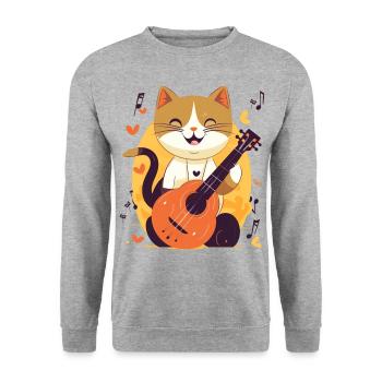 Süße Katze mit Gitarre - Unisex Pullover - Weißgrau meliert - Vorne - Alina (178cm) & Michal (187cm)