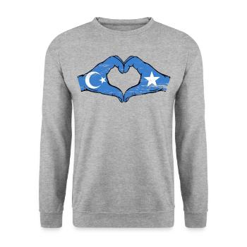 Uiguren Somalia Flagge Hände Herzform used - Unisex Pullover - Weißgrau meliert - Vorne - Alina (178cm) & Michal (187cm)