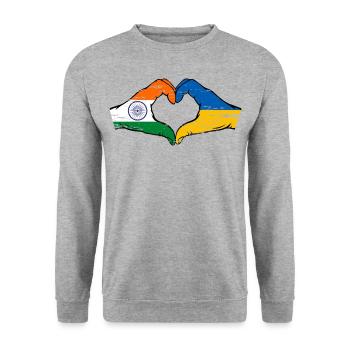 Indien Ukraine Flagge Hände Herzform used - Unisex Pullover - Weißgrau meliert - Vorne - Alina (178cm) & Michal (187cm)