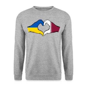 Ukraine Qatar Flag Hands Heart Shape - Unisex Sweatshirt - salt & pepper - Front - Alina (178cm) & Michal (187cm)