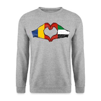 Rumänien Vereinigte Arabische Emirate Herz - Unisex Pullover - Weißgrau meliert - Vorne - Alina (178cm) & Michal (187cm)
