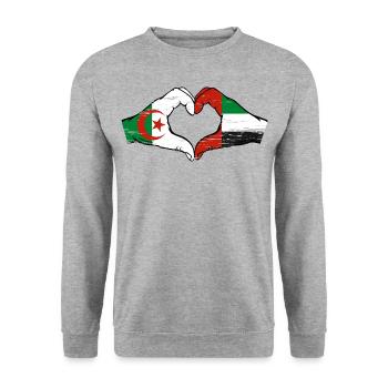 Algerien Vereinigte Arabische Emirate Flagge Herz - Unisex Pullover - Weißgrau meliert - Vorne - Alina (178cm) & Michal (187cm)