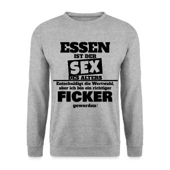 Essen Sex des Alter lustig Geschenkidee Spruch fun - Unisex Pullover - Weißgrau meliert - Vorne - Alina (178cm) & Michal (187cm)
