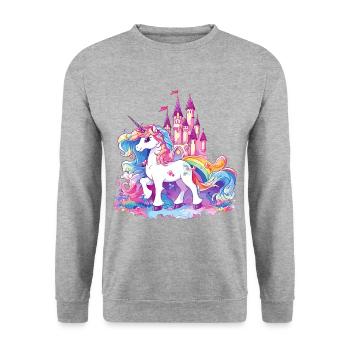 Einhorn Regenbogen Schloss Bunt Magie Fantasie - Unisex Pullover - Weißgrau meliert - Vorne - Alina (178cm) & Michal (187cm)