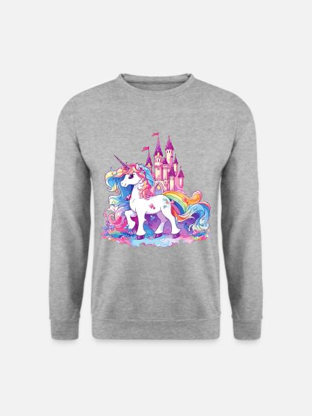 Einhorn Regenbogen Schloss Bunt Magie Fantasie - Unisex Pullover - Weißgrau meliert